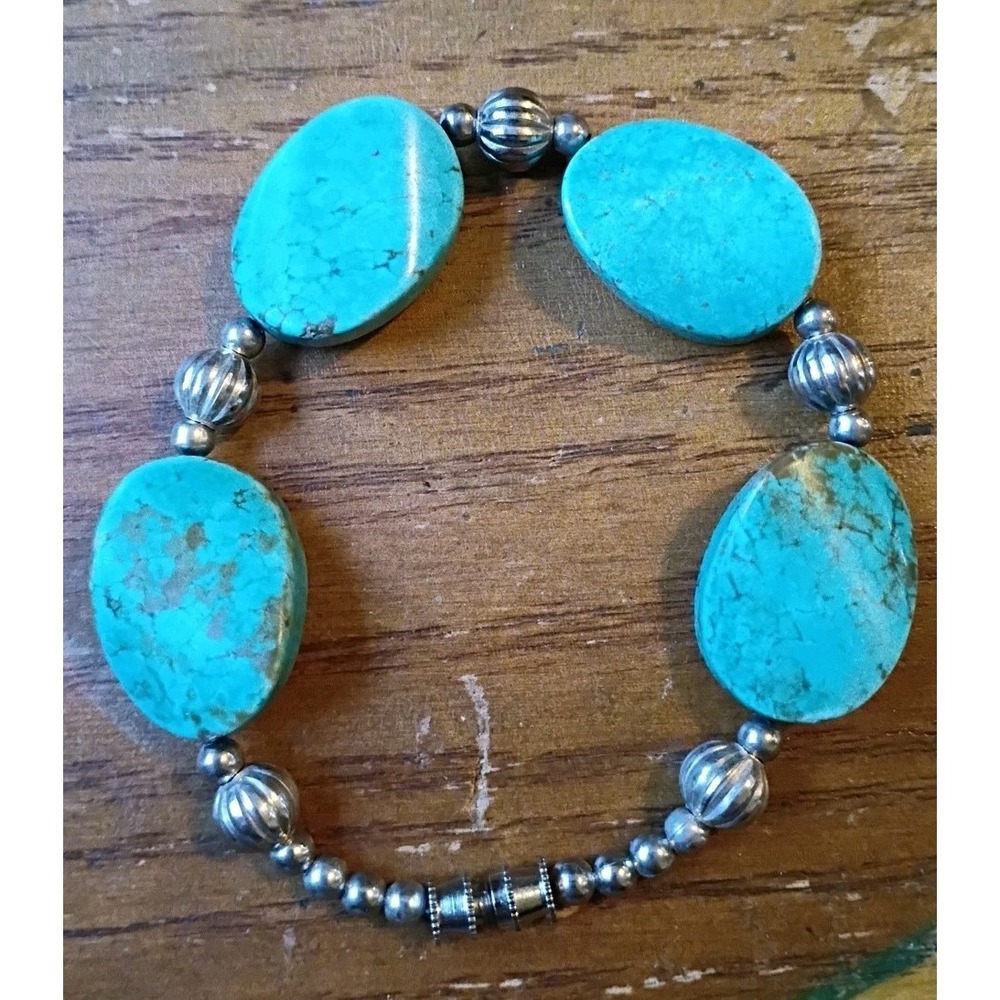 Blue Turquoise Bracelet Oval Nugget Beaded Chunky 7.75" Boho Vintage‎